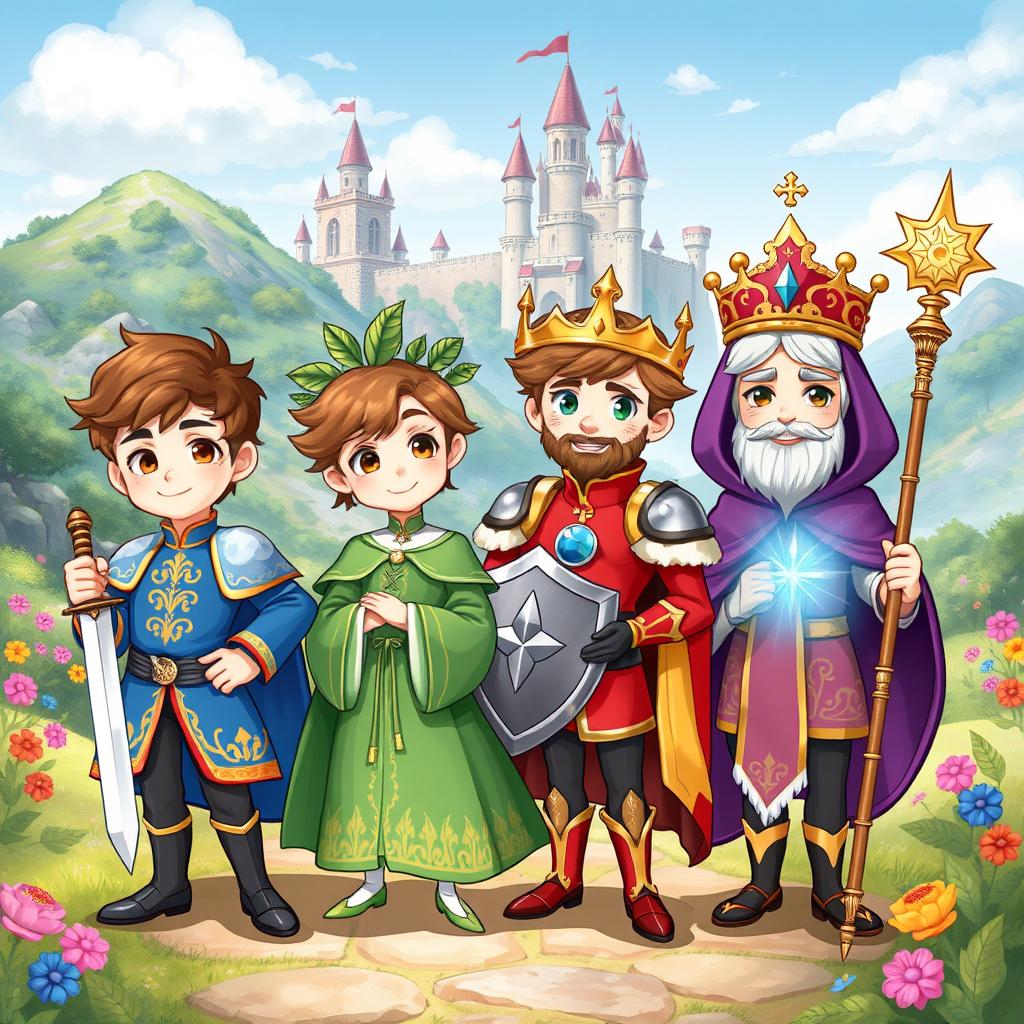 An illustration showcasing four charming princes, each with unique features and styles, set against a magical fantasy backdrop