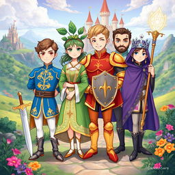 An illustration showcasing four charming princes, each with unique features and styles, set against a magical fantasy backdrop