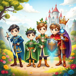 An illustration showcasing four charming princes, each with unique features and styles, set against a magical fantasy backdrop