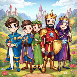 An illustration showcasing four charming princes, each with unique features and styles, set against a magical fantasy backdrop