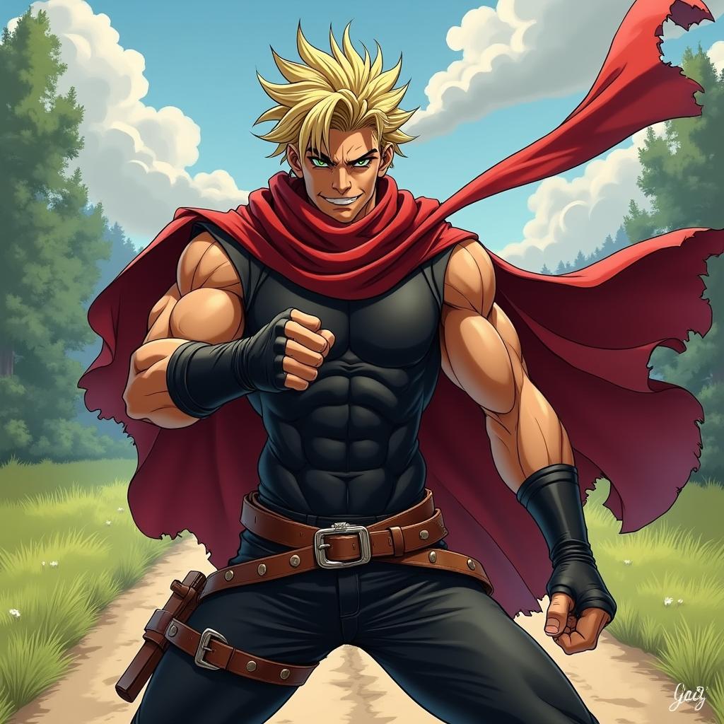 In an anime art style reminiscent of JoJo's Bizarre Adventure, depict a fantasy muscular man with caramel brown skin, striking green eyes, and tousled medium blond hair