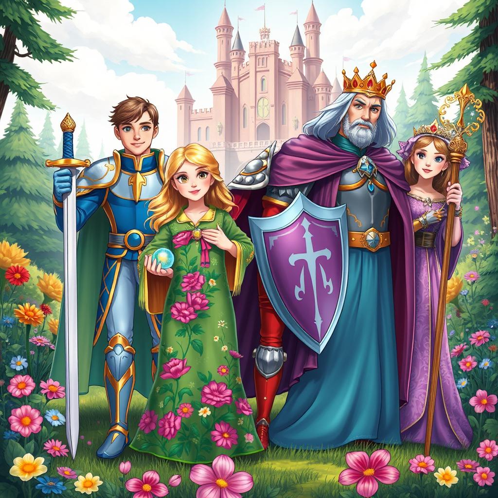 An illustration featuring four distinct princes, each with a unique and vibrant appearance, set in a fantastical kingdom