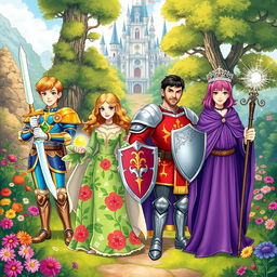 An illustration featuring four distinct princes, each with a unique and vibrant appearance, set in a fantastical kingdom