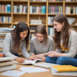 Two youthful students engaged in a lively discussion, surrounded by books and papers, in a vibrant university setting.