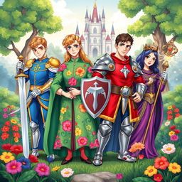 An illustration featuring four distinct princes, each with a unique and vibrant appearance, set in a fantastical kingdom