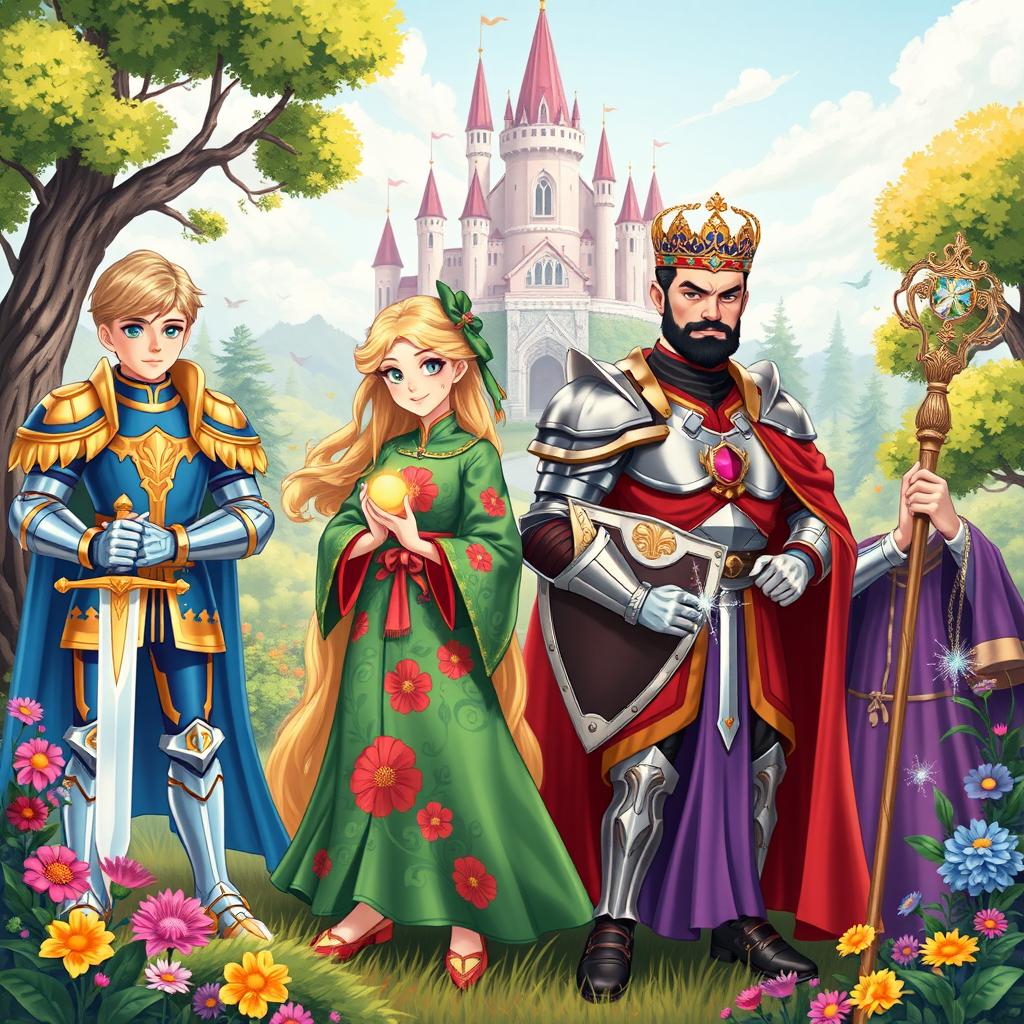 An illustration featuring four distinct princes, each with a unique and vibrant appearance, set in a fantastical kingdom