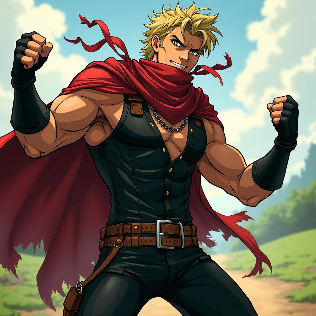 An anime art style inspired by JoJo's Bizarre Adventure featuring a fantasy muscular man with caramel brown skin, striking green eyes, and tousled medium blond hair