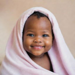 A cherubic black baby with dazzling eyes and a heartwarming smile, wrapped in a soft, pastel-colored blanket.