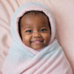 A cherubic black baby with dazzling eyes and a heartwarming smile, wrapped in a soft, pastel-colored blanket.