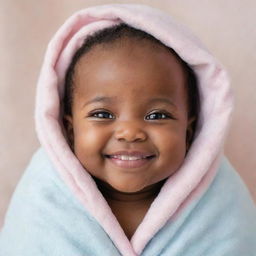 A cherubic black baby with dazzling eyes and a heartwarming smile, wrapped in a soft, pastel-colored blanket.