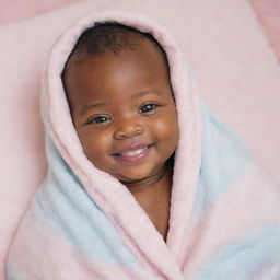 A cherubic black baby with dazzling eyes and a heartwarming smile, wrapped in a soft, pastel-colored blanket.