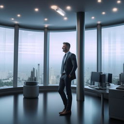 A successful businessman in a sleek, modern office, confident and happy, surrounded by state-of-the-art technology and city views.