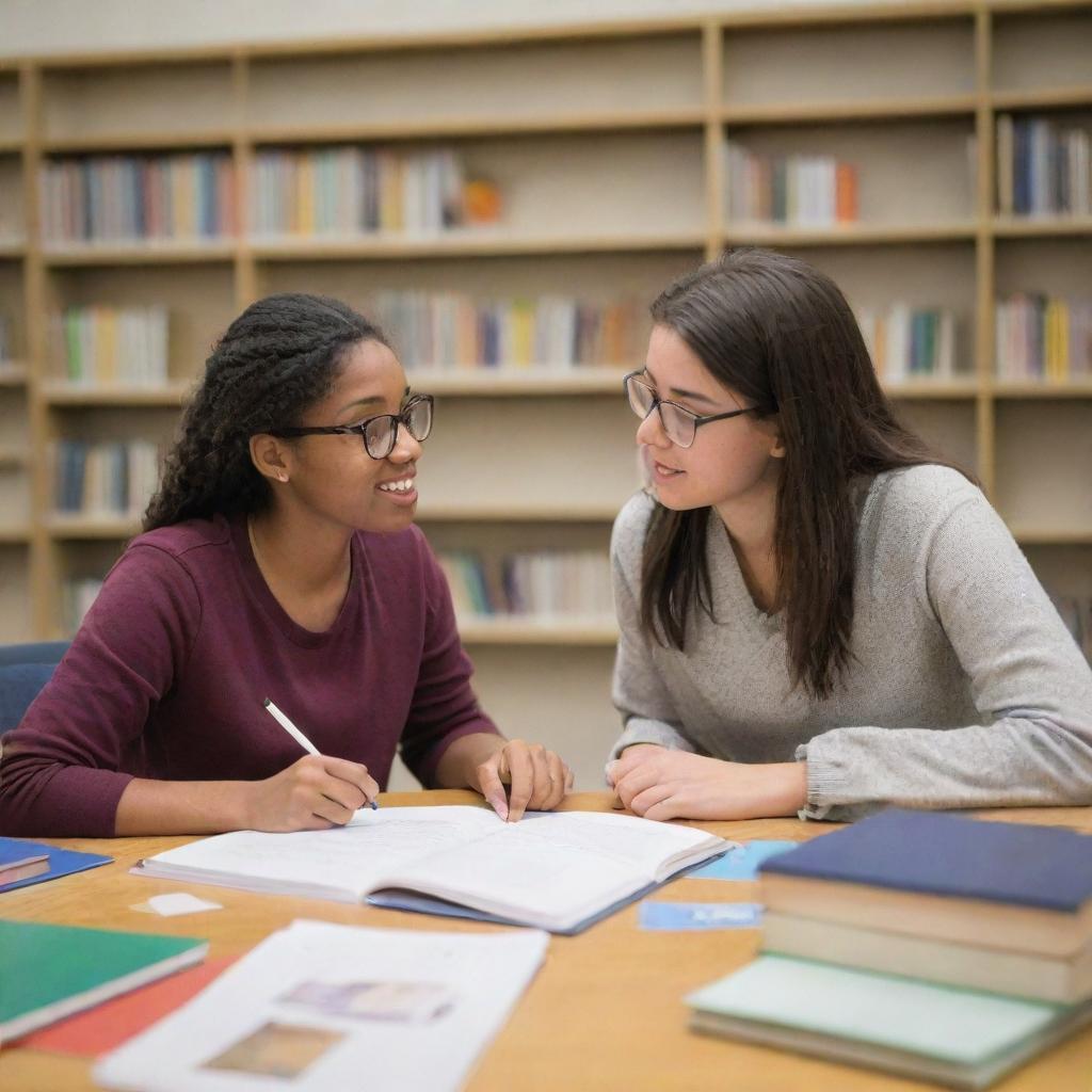 Two students engaged in a deep conversation, surrounded by books and school supplies, in a comfortable and brightly lit study environment.