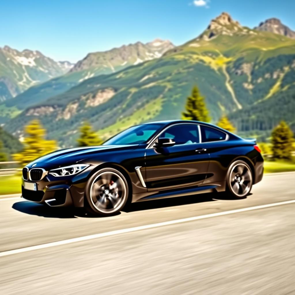 A sleek and powerful BMW car on a scenic mountain road, showcasing its aerodynamic design and elegant curves