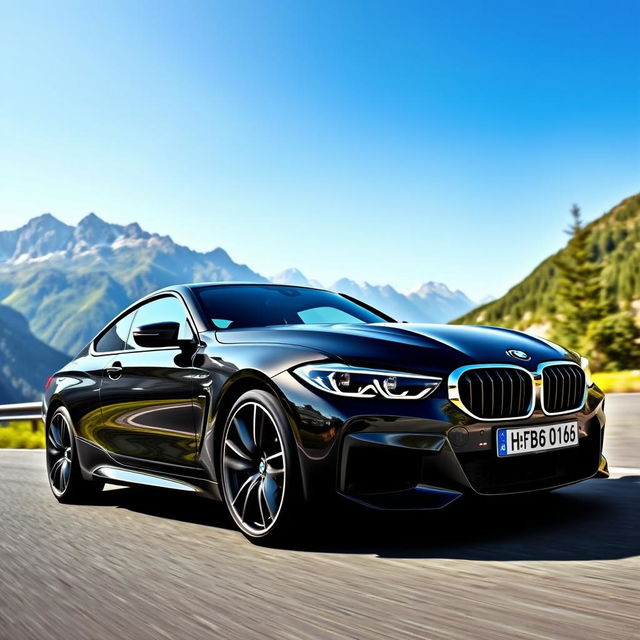 A sleek and powerful BMW car on a scenic mountain road, showcasing its aerodynamic design and elegant curves