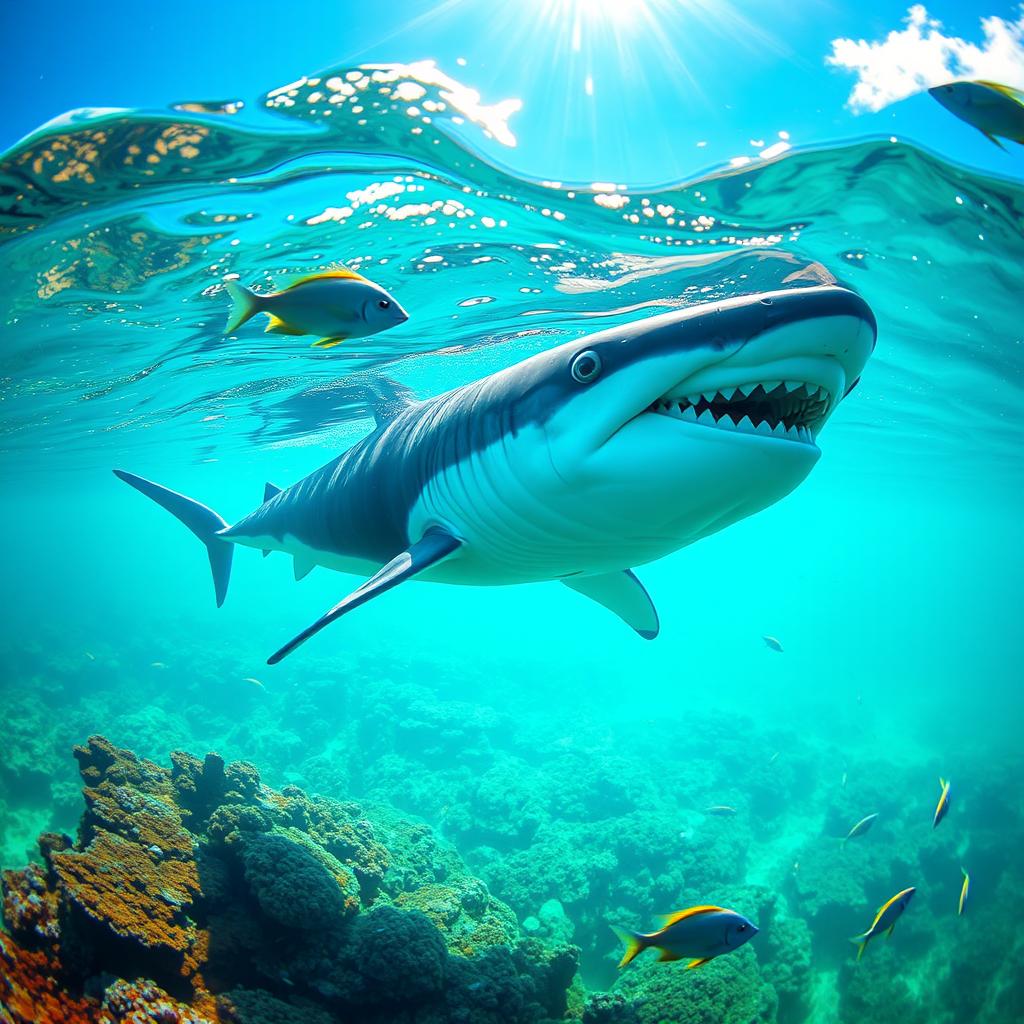 A majestic megalodon swimming gracefully in a clear, turquoise sea, showcasing its massive size and sharp teeth