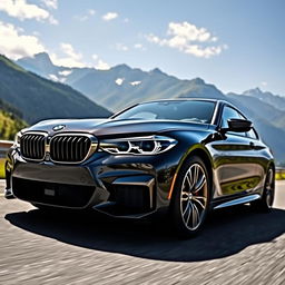 A sleek and powerful BMW car on a scenic mountain road, showcasing its aerodynamic design and elegant curves