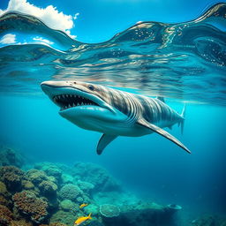 A majestic megalodon swimming gracefully in a clear, turquoise sea, showcasing its massive size and sharp teeth