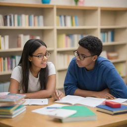 Two students engaged in a deep conversation, surrounded by books and school supplies, in a comfortable and brightly lit study environment.