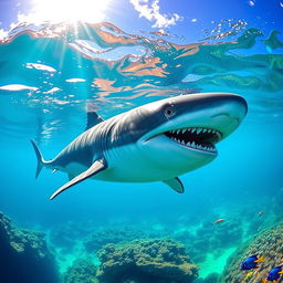 A majestic megalodon swimming gracefully in a clear, turquoise sea, showcasing its massive size and sharp teeth