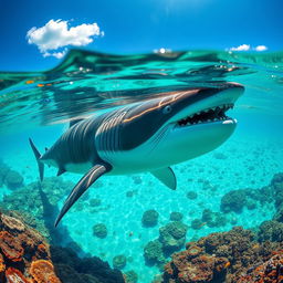 A majestic megalodon swimming gracefully in a clear, turquoise sea, showcasing its massive size and sharp teeth