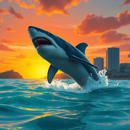 A gigantic megalodon leaping out of the bright, turquoise waters reminiscent of Grand Theft Auto V, creating a dramatic splash