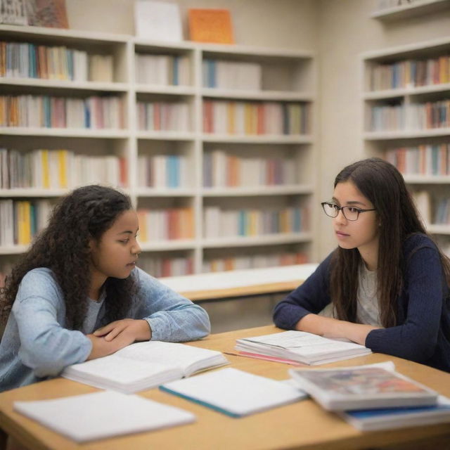 Two students engaged in a deep conversation, surrounded by books and school supplies, in a comfortable and brightly lit study environment.