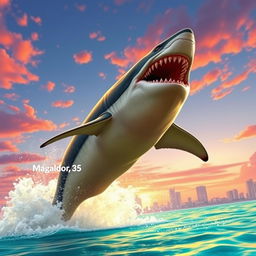 A gigantic megalodon leaping out of the bright, turquoise waters reminiscent of Grand Theft Auto V, creating a dramatic splash