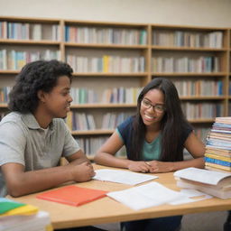 Two students engaged in a deep conversation, surrounded by books and school supplies, in a comfortable and brightly lit study environment.