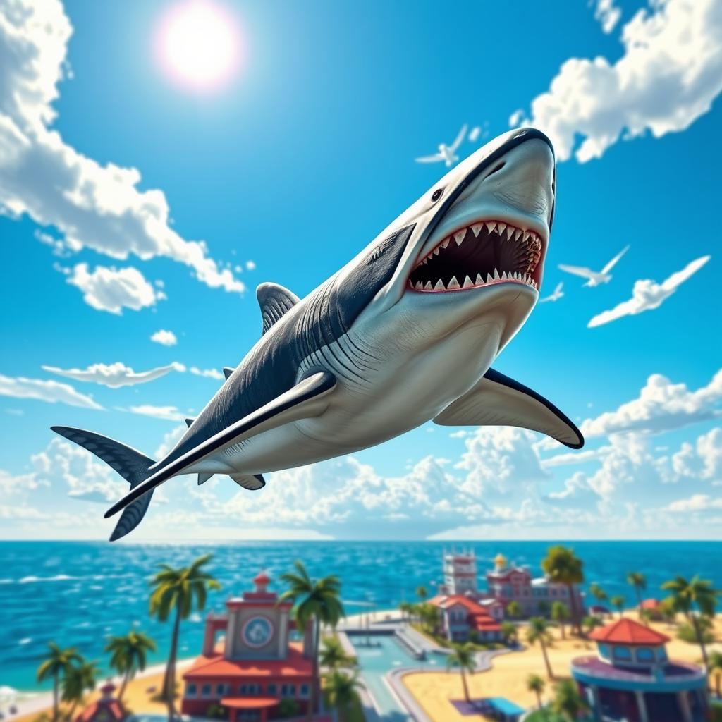 A massive megalodon swimming through the clear blue sky in a stylized Grand Theft Auto V environment, with whimsical clouds and a vibrant sun shining