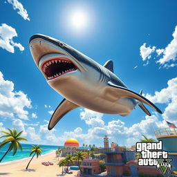 A massive megalodon swimming through the clear blue sky in a stylized Grand Theft Auto V environment, with whimsical clouds and a vibrant sun shining