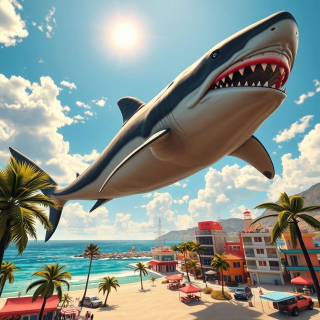 A massive megalodon swimming through the clear blue sky in a stylized Grand Theft Auto V environment, with whimsical clouds and a vibrant sun shining