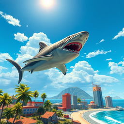 A massive megalodon swimming through the clear blue sky in a stylized Grand Theft Auto V environment, with whimsical clouds and a vibrant sun shining