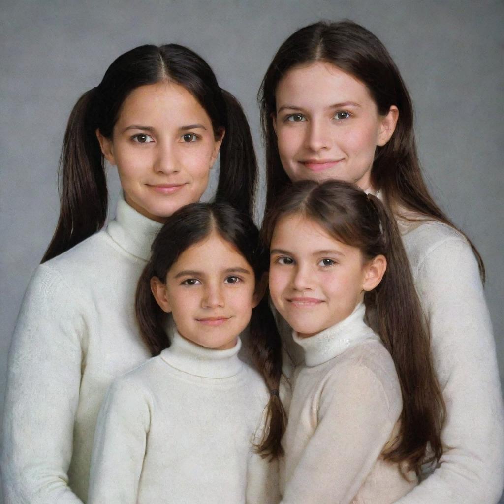 A family portrait featuring a 5-year-old girl with black hair and eyes, a 12-year-old girl with brown hair in two ponytails and brown eyes, and a 25-year-old woman with brown hair wearing a white turtleneck sweater.