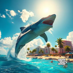 An immense, giant megalodon leaping dramatically out of the bright turquoise waters in a Grand Theft Auto V-inspired world