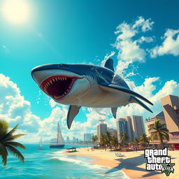 An immense, giant megalodon leaping dramatically out of the bright turquoise waters in a Grand Theft Auto V-inspired world