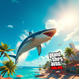 An immense, giant megalodon leaping dramatically out of the bright turquoise waters in a Grand Theft Auto V-inspired world