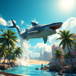 An immense, giant megalodon leaping dramatically out of the bright turquoise waters in a Grand Theft Auto V-inspired world