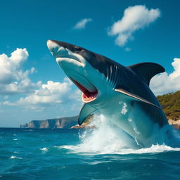 A colossal megalodon leaping magnificently out of the crystal-clear turquoise ocean, showcasing its enormous size and fierce teeth