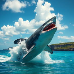 A colossal megalodon leaping magnificently out of the crystal-clear turquoise ocean, showcasing its enormous size and fierce teeth