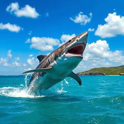 A colossal megalodon leaping magnificently out of the crystal-clear turquoise ocean, showcasing its enormous size and fierce teeth