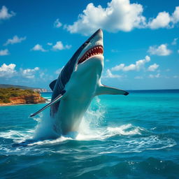 A colossal megalodon leaping magnificently out of the crystal-clear turquoise ocean, showcasing its enormous size and fierce teeth