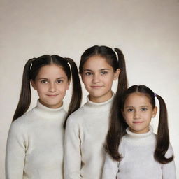 A family portrait featuring a 5-year-old girl with black hair and eyes, a 12-year-old girl with brown hair in two ponytails and brown eyes, and a 25-year-old woman with brown hair wearing a white turtleneck sweater.