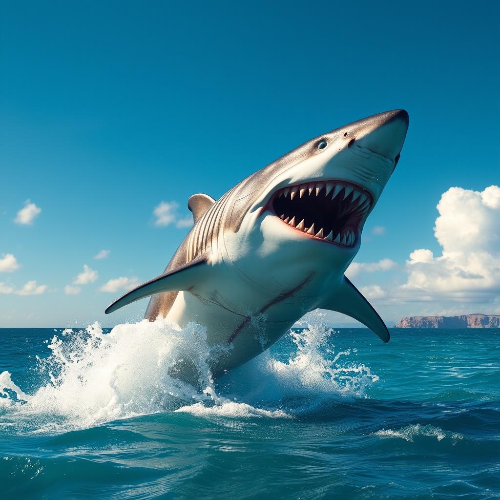 An ultra mega gigantic megalodon leaping spectacularly out of the crystal-clear turquoise ocean, showcasing its enormous size against the backdrop of a vibrant blue sky