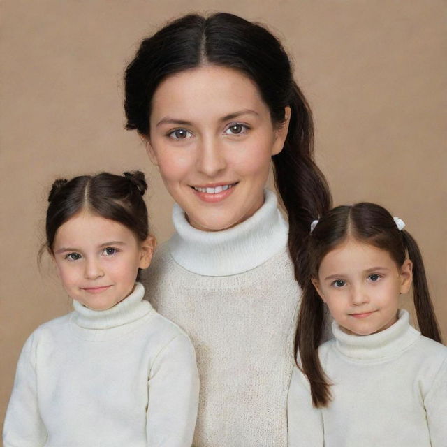 A family portrait featuring a 5-year-old girl with black hair and eyes, a 12-year-old girl with brown hair in two ponytails and brown eyes, and a 25-year-old woman with brown hair wearing a white turtleneck sweater.