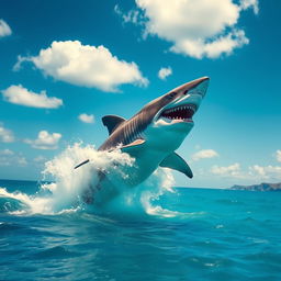 An ultra mega gigantic megalodon leaping spectacularly out of the crystal-clear turquoise ocean, showcasing its enormous size against the backdrop of a vibrant blue sky