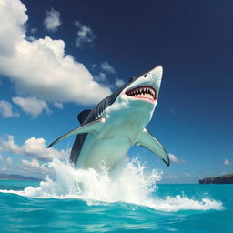 An ultra mega gigantic megalodon leaping spectacularly out of the crystal-clear turquoise ocean, showcasing its enormous size against the backdrop of a vibrant blue sky