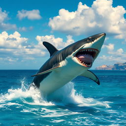 An ultra mega gigantic megalodon leaping spectacularly out of the crystal-clear turquoise ocean, showcasing its enormous size against the backdrop of a vibrant blue sky