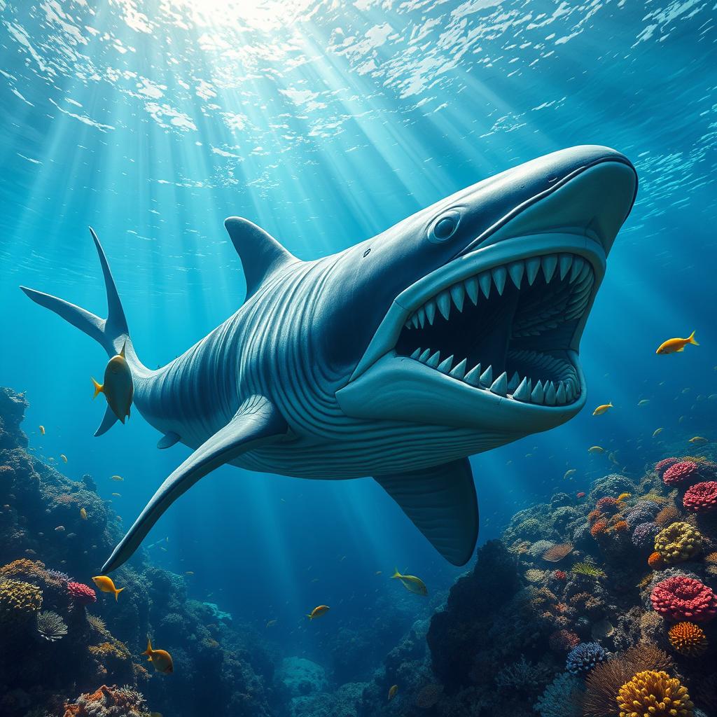 An ultra mega gigantic megalodon swimming majestically in deep ocean waters, showcasing its massive size and powerful physique