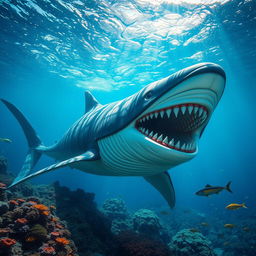 An ultra mega gigantic megalodon swimming majestically in deep ocean waters, showcasing its massive size and powerful physique